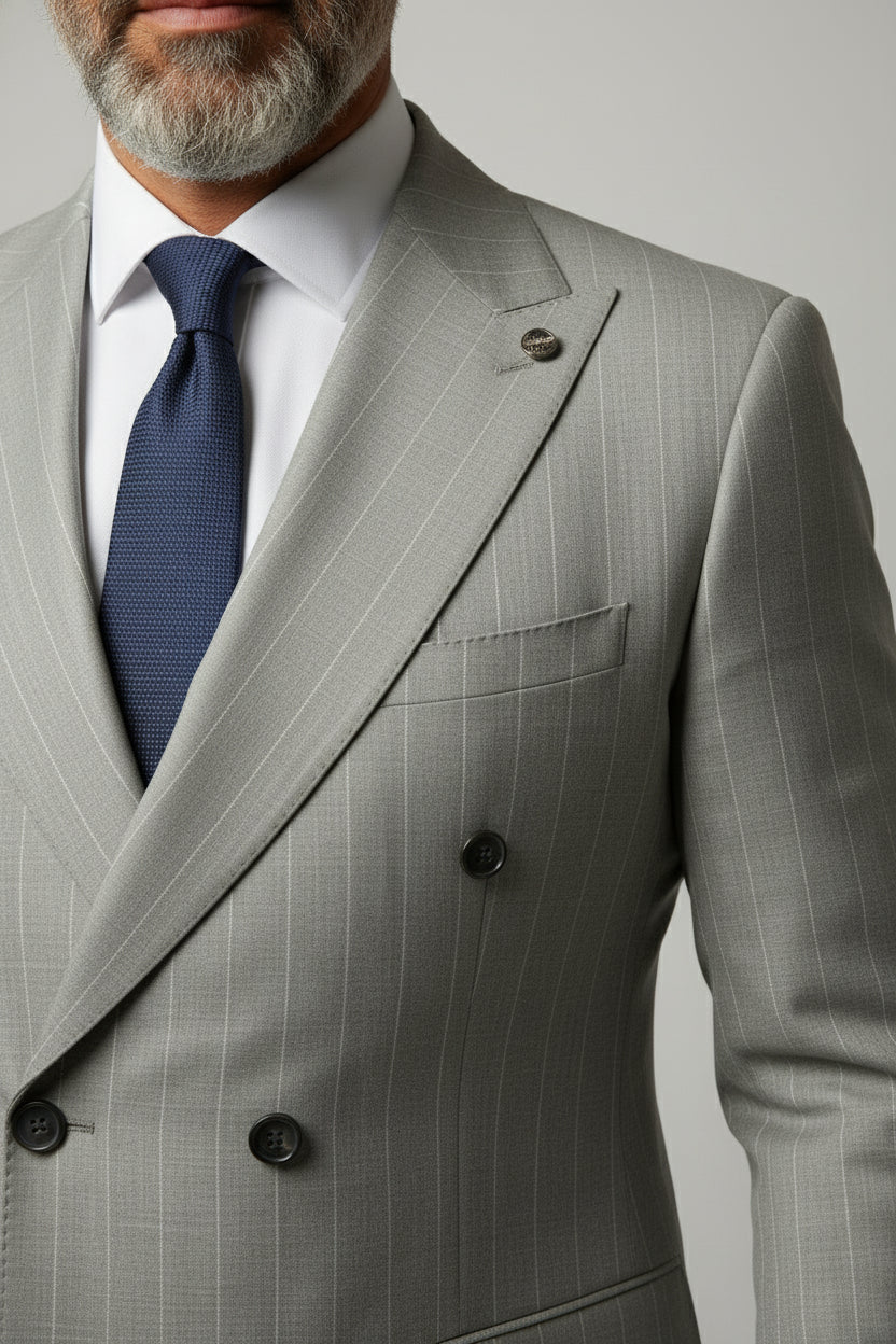 Beige double-breasted pinstripe suit jacket with tailored fit and navy tie.
