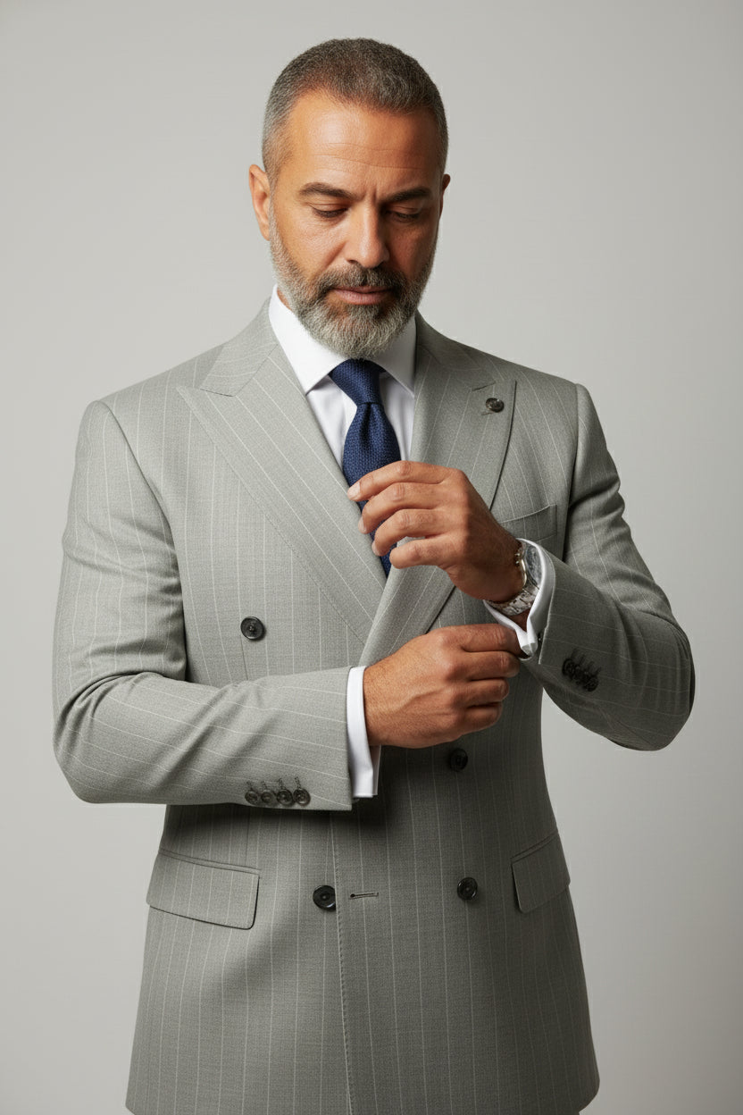 Man adjusting beige double-breasted pinstripe suit for formal business or wedding event.