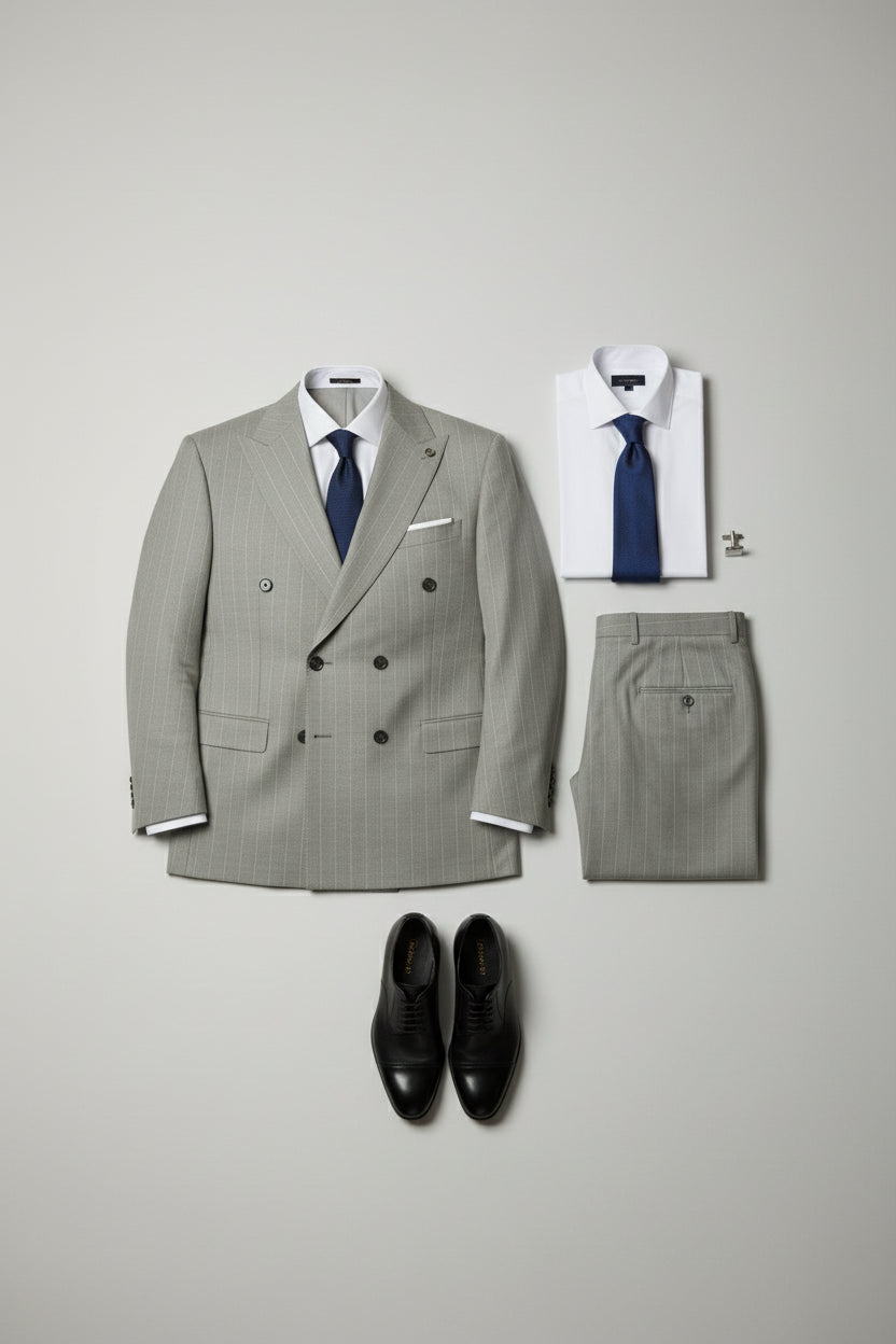 Beige double-breasted pinstripe suit laid flat with matching shirt and shoes.