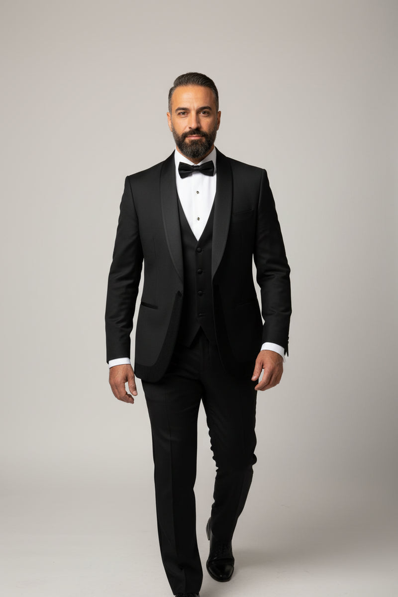 Black Satin Lapel Tuxedo With Velvet Detail