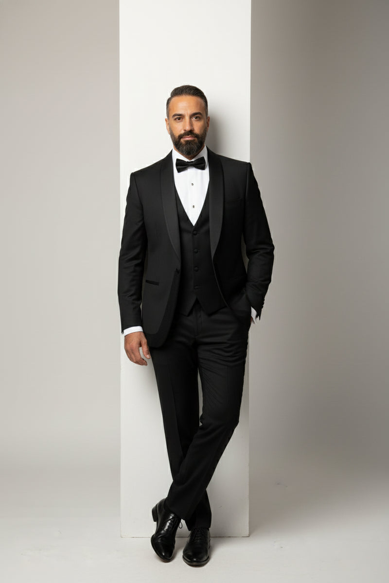 Black Satin Lapel Tuxedo With Velvet Detail