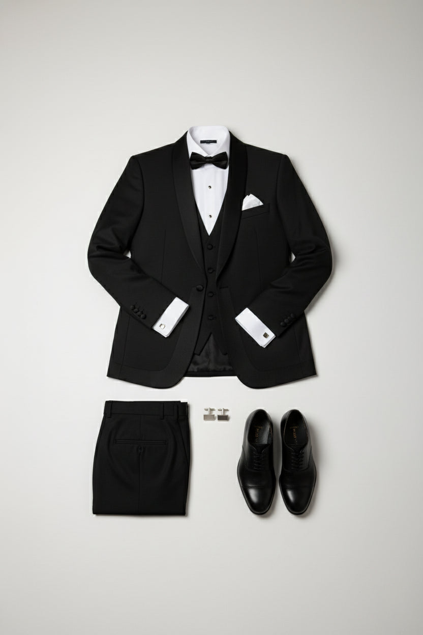 Black Satin Lapel Tuxedo With Velvet Detail