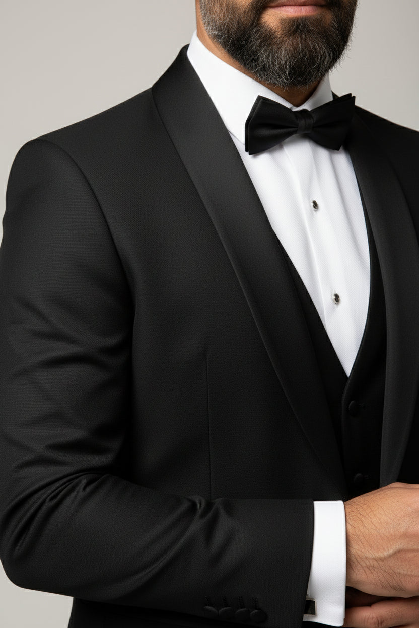 Black Satin Lapel Tuxedo With Velvet Detail