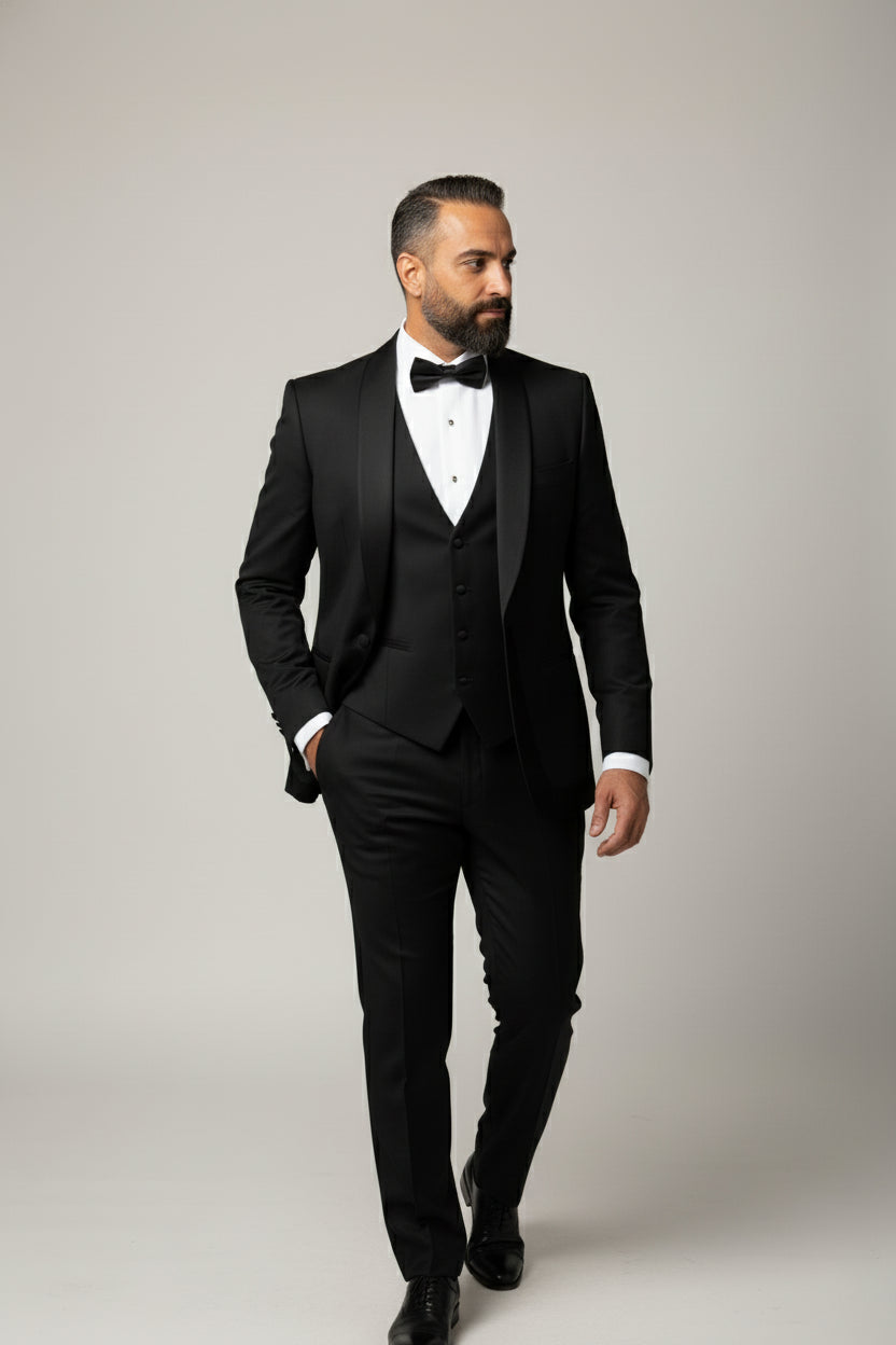 Black Satin Lapel Tuxedo With Velvet Detail