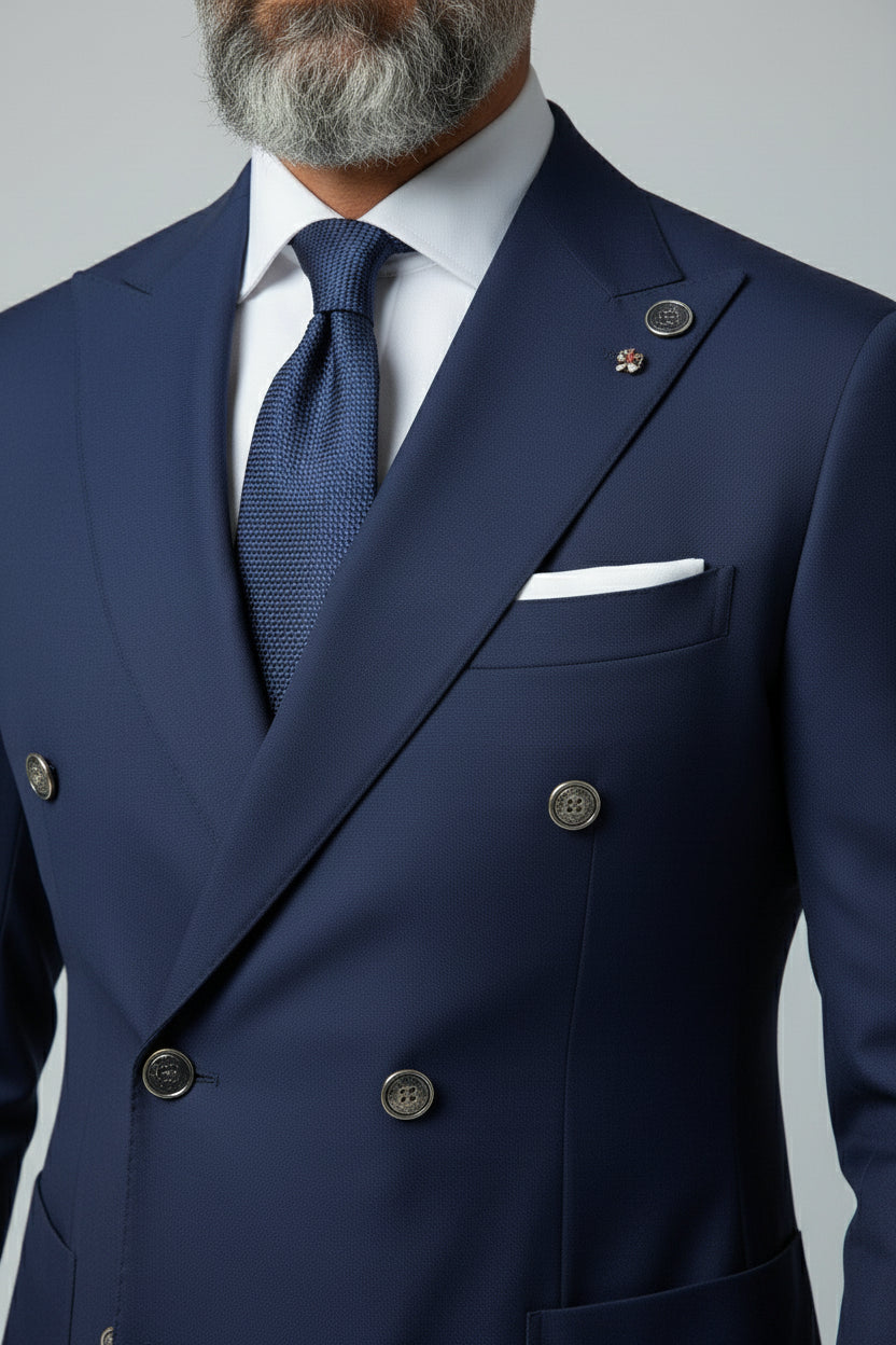 Navy double-breasted suit with tailored fit and silver buttons, perfect for formal events.