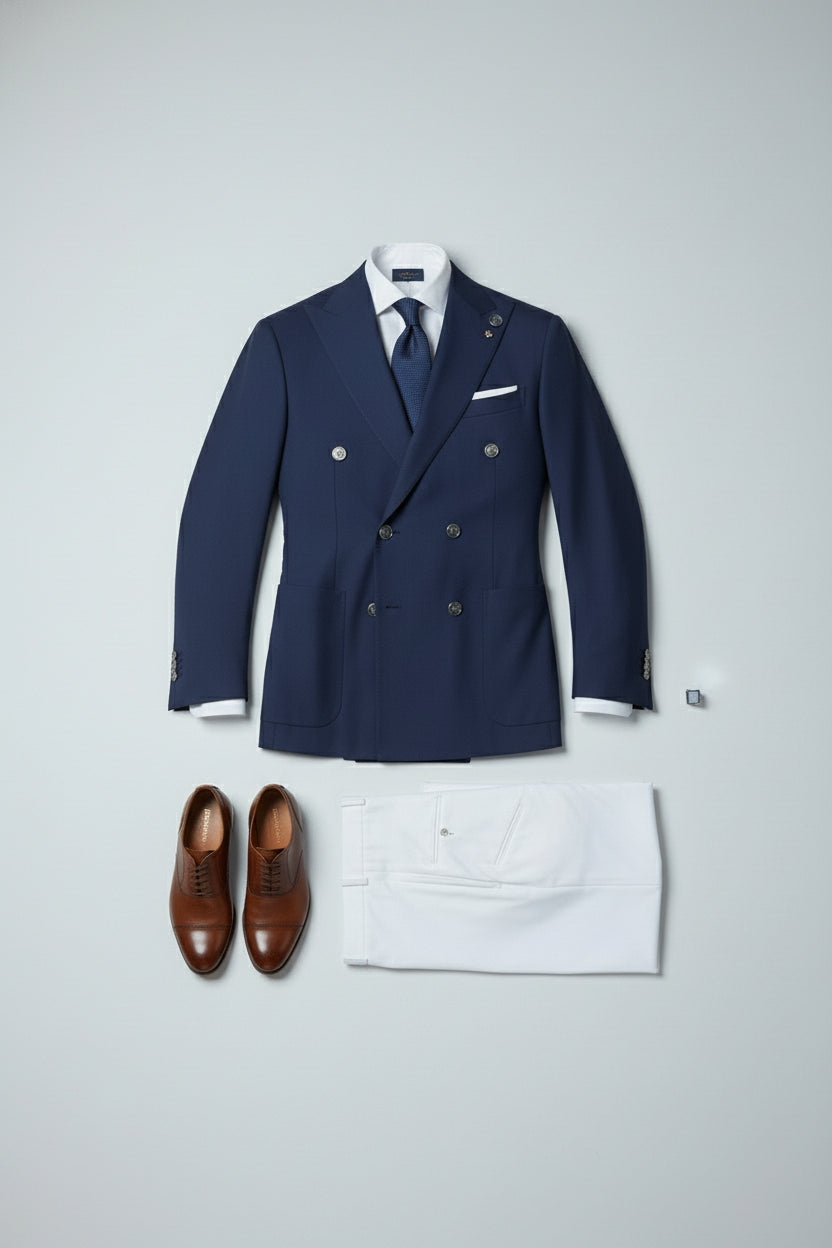 Navy double-breasted suit set with tailored jacket, white trousers, and brown shoes.