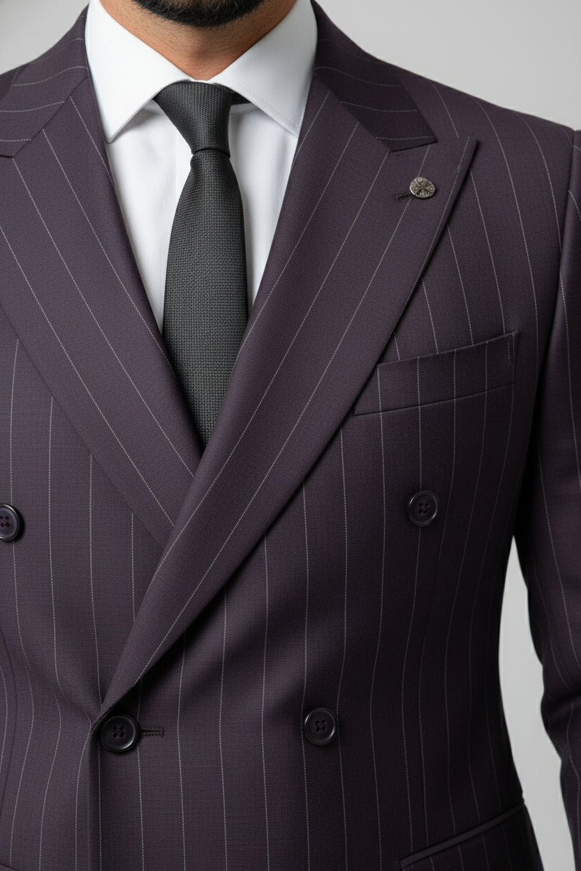 Maroon pinstripe double-breasted suit with tailored fit and matching tie.
