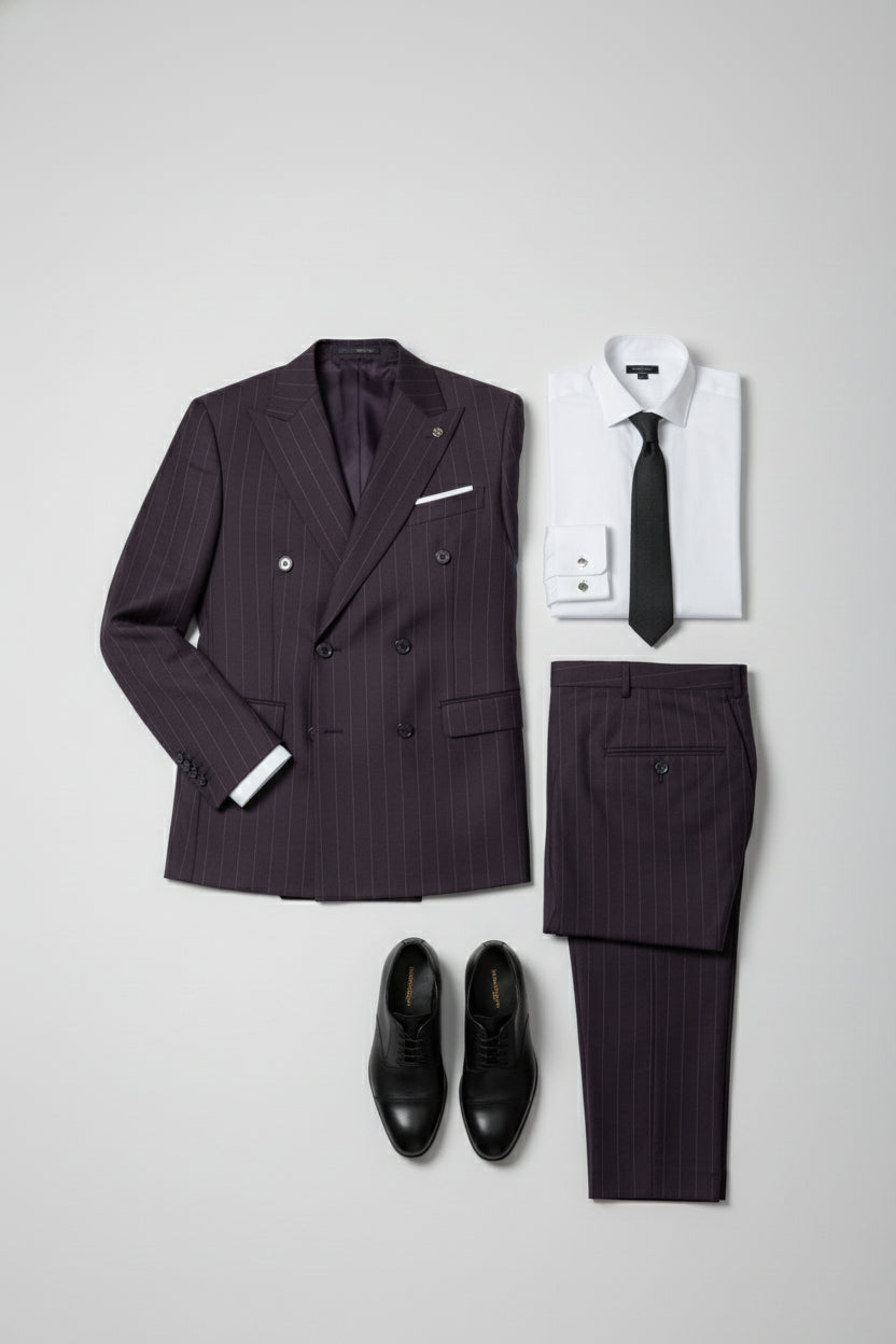 Maroon pinstripe double-breasted suit with tailored fit, paired with white shirt and black tie.
