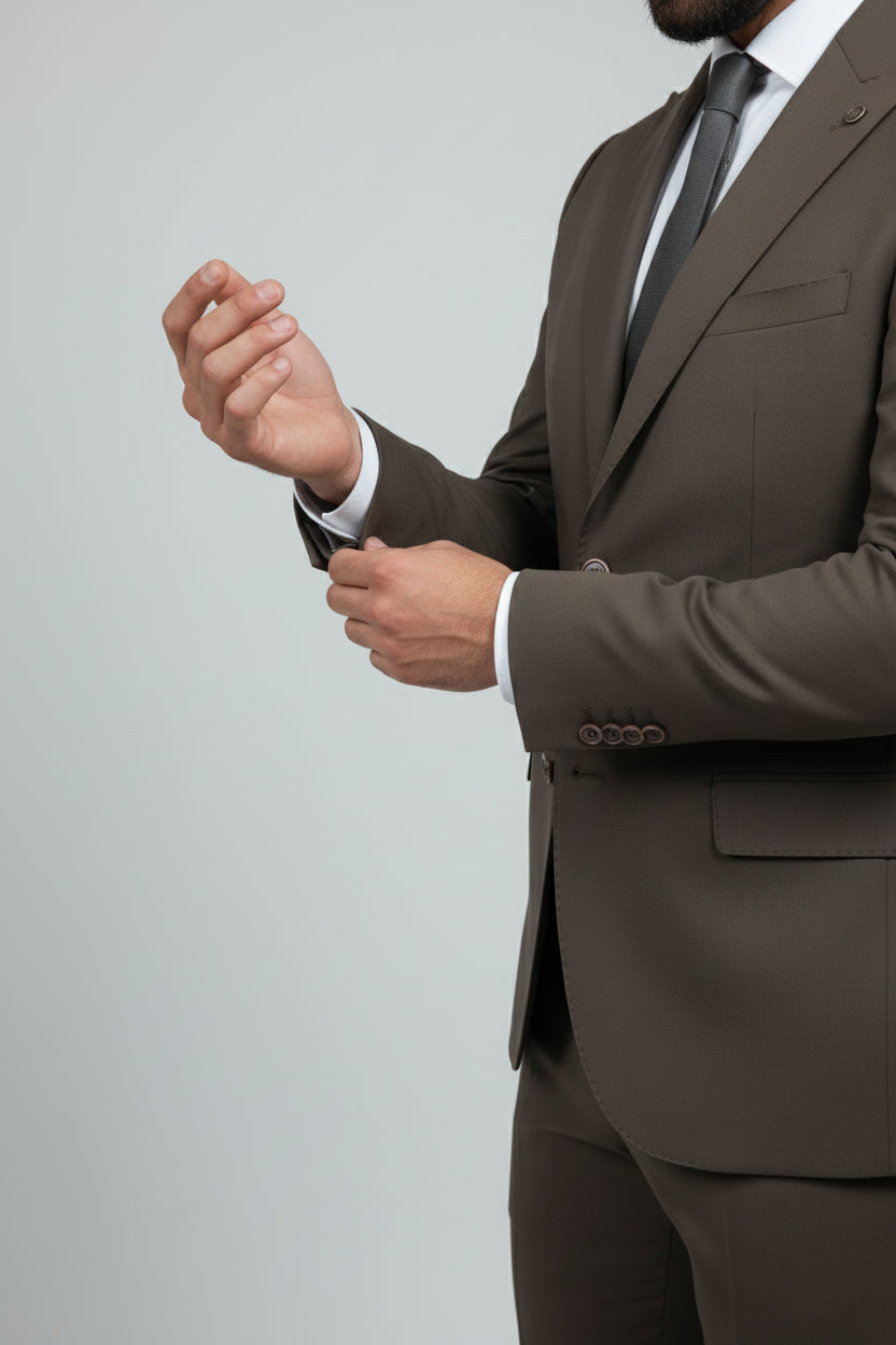 Man adjusting brown three-piece suit with waistcoat and tailored fit.