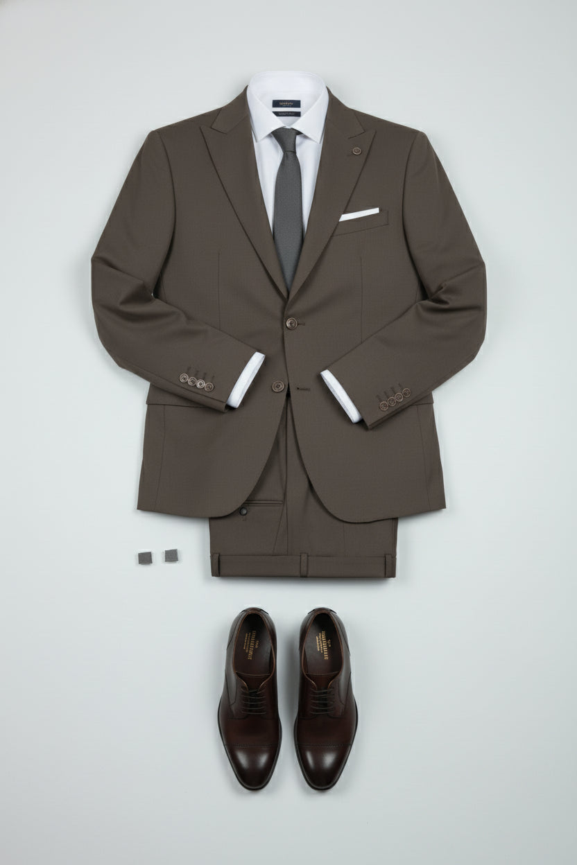 Brown tailored two-piece suit with matching shoes and grey tie, ideal for formal occasions.