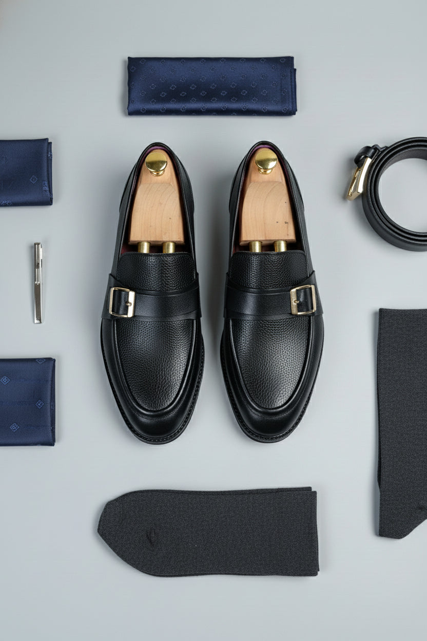 Black leather dress shoes with buckle detail, perfect for formal wear and business events.