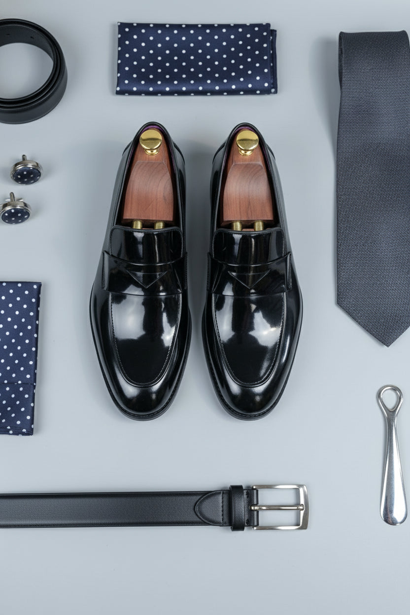 Black patent leather tuxedo shoes styled with matching formal accessories for evening events.
