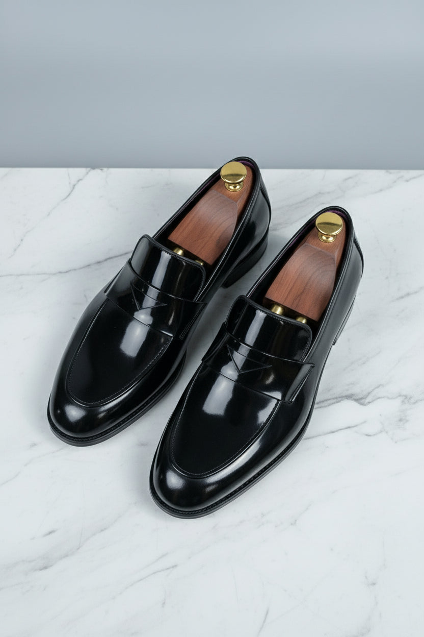 Black patent leather tuxedo shoes with sleek design, perfect for formal events.