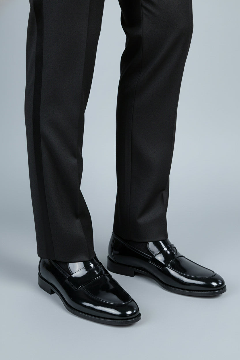 Black patent leather tuxedo shoes with sleek design, perfect for formal events.
