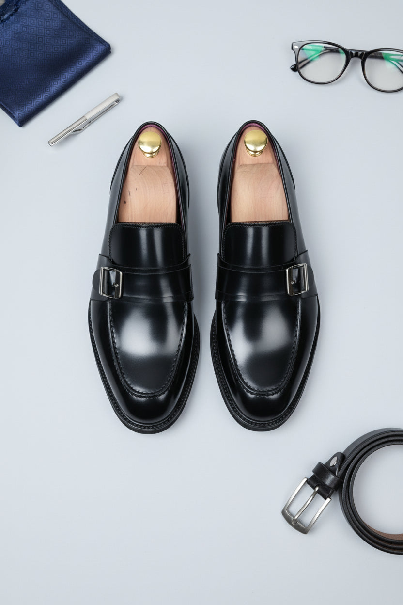Black leather loafers with silver buckle detail, perfect for formal business attire.