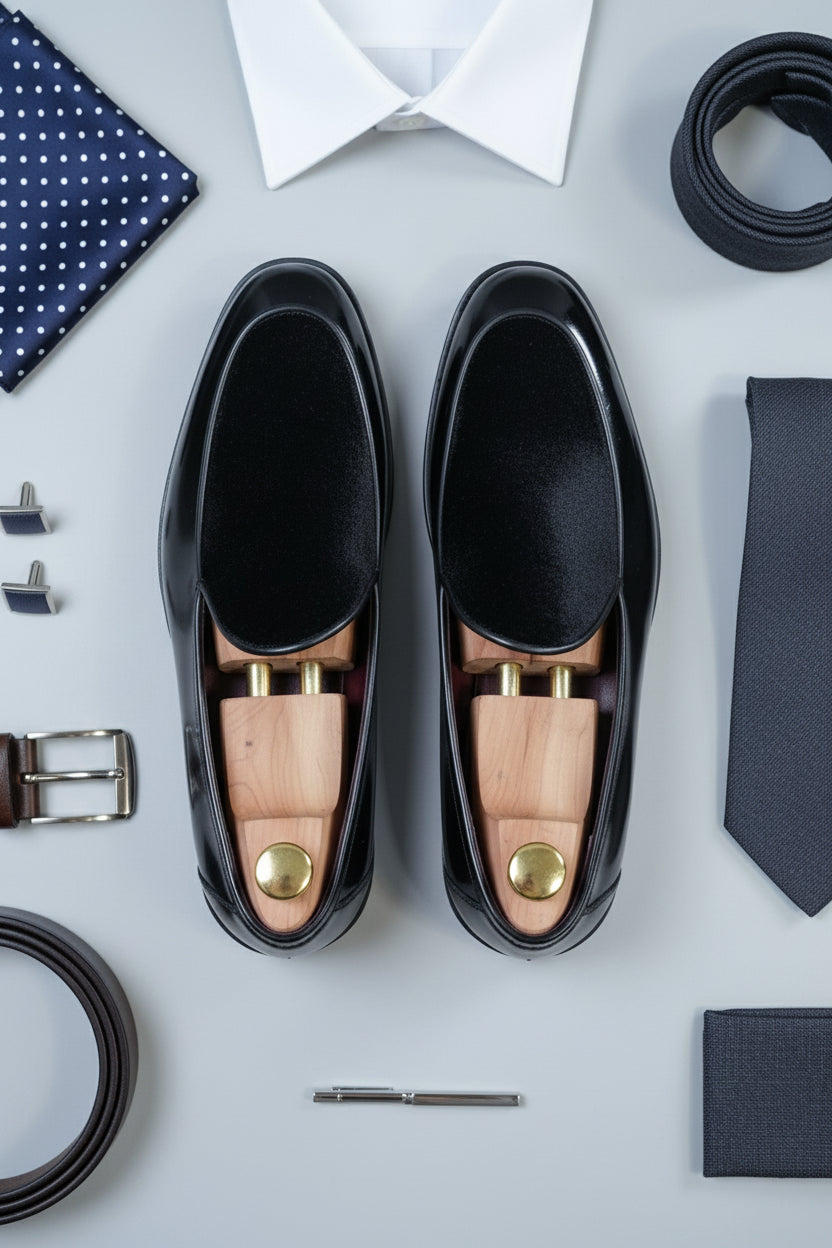 Black velvet slip-on tuxedo shoes with elegant design, perfect for formal occasions.