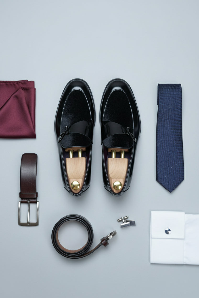Black velvet loafer with elegant buckle, perfect for formal wear and special occasions.