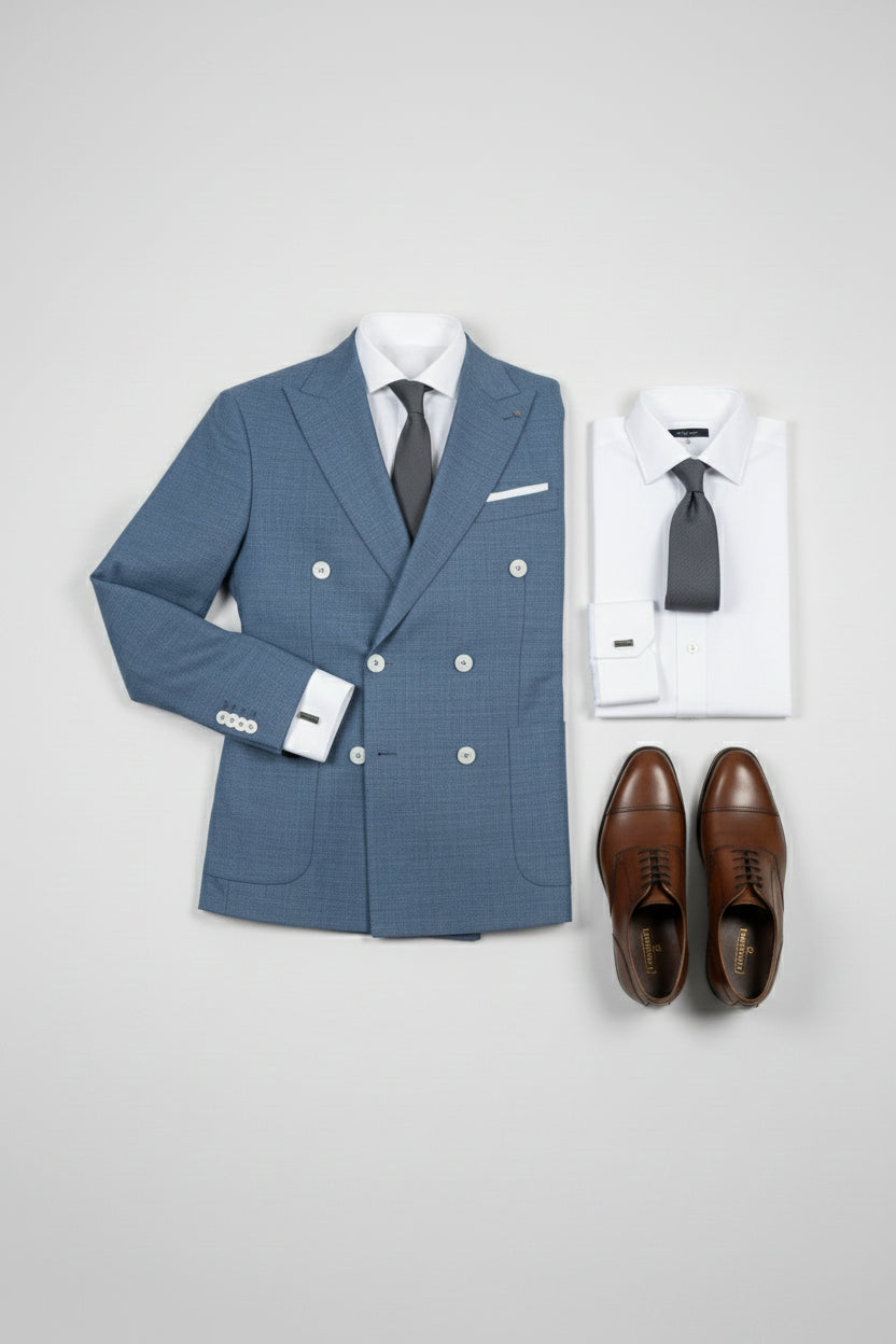 Midnight petrol double-breasted suit with white shirt and grey tie, styled with brown shoes.