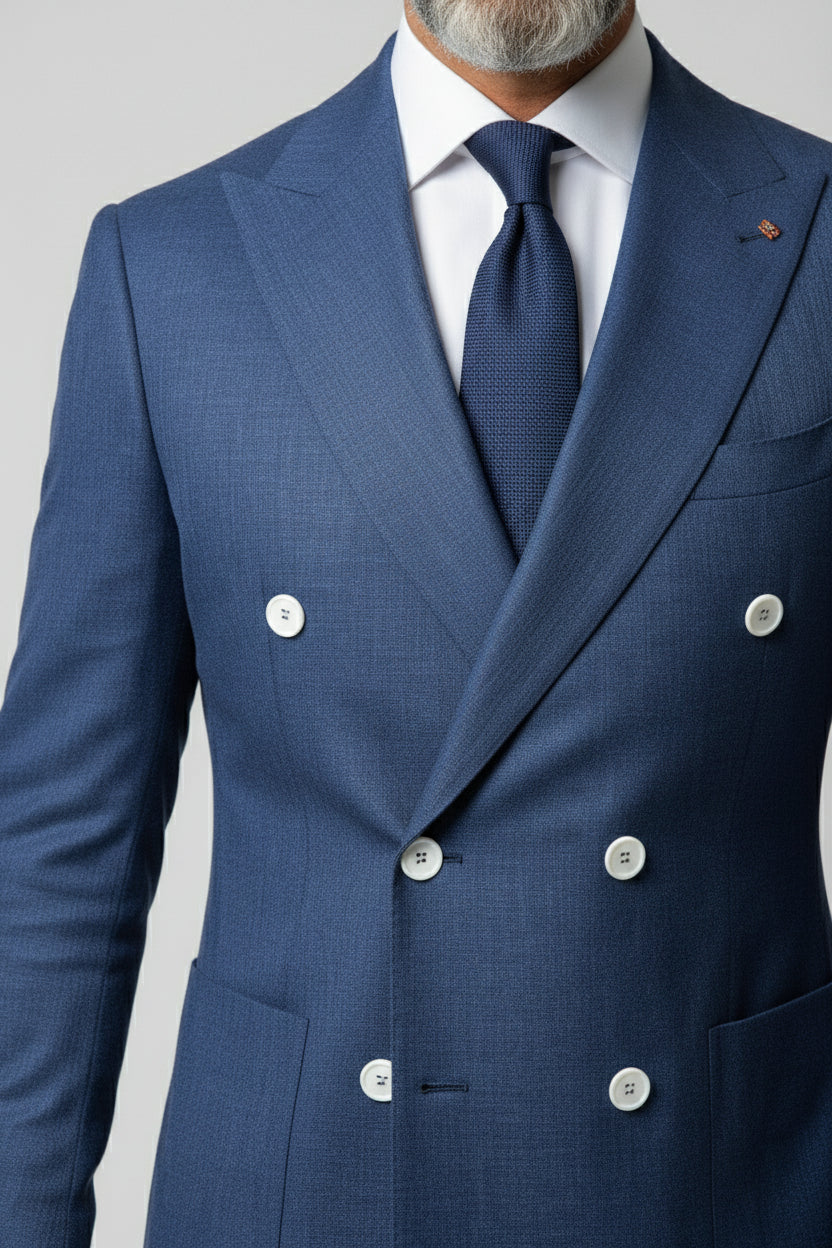 Double-breasted blue linen suit jacket with tailored fit and white buttons.