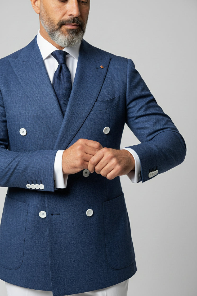Man adjusting cuffs of blue double-breasted linen suit for formal event.