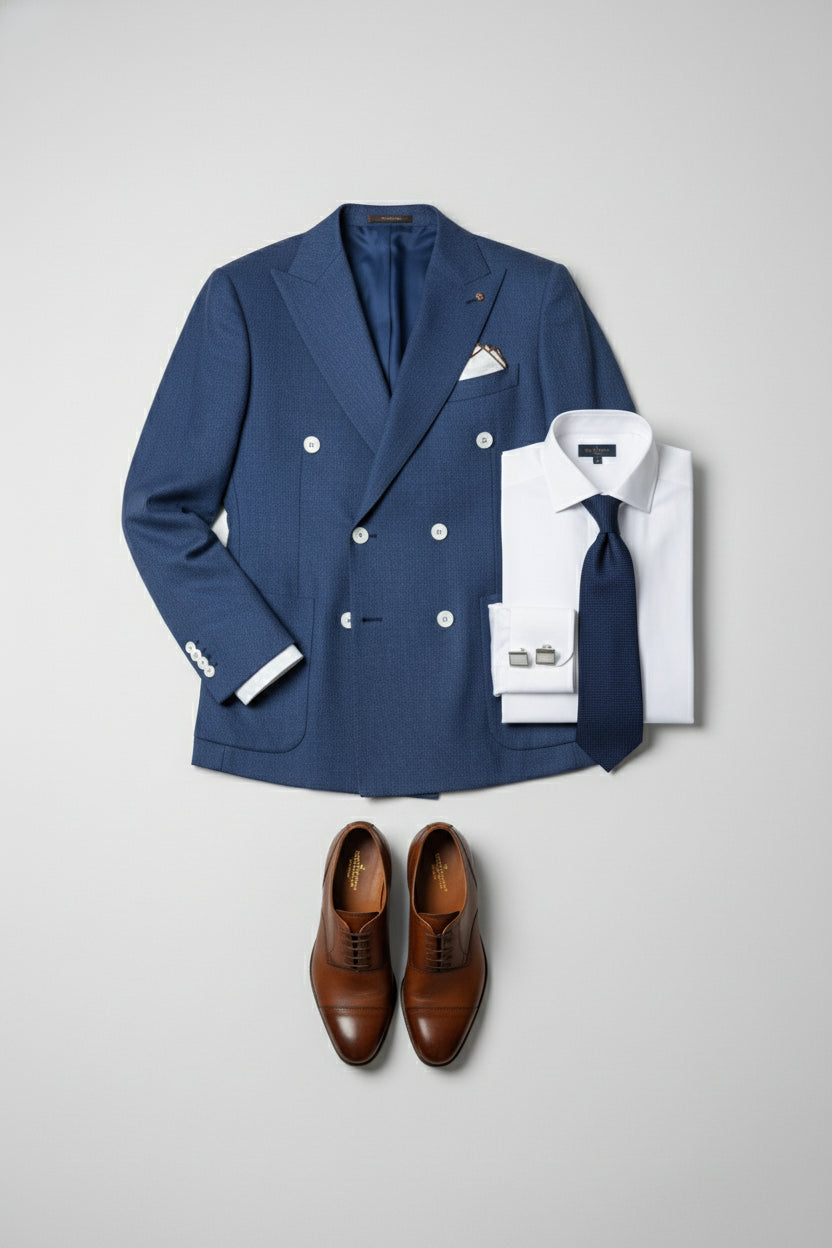 Blue double-breasted suit with white shirt, navy tie, and brown dress shoes.