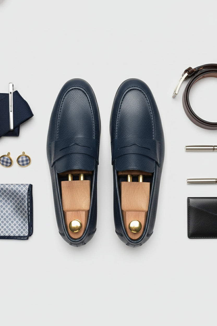 Navy Leather Slip-On Loafers