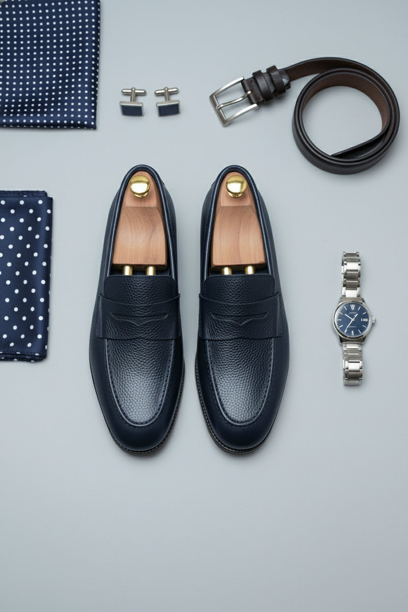 Midnight blue leather loafers with textured finish, ideal for business casual wear.