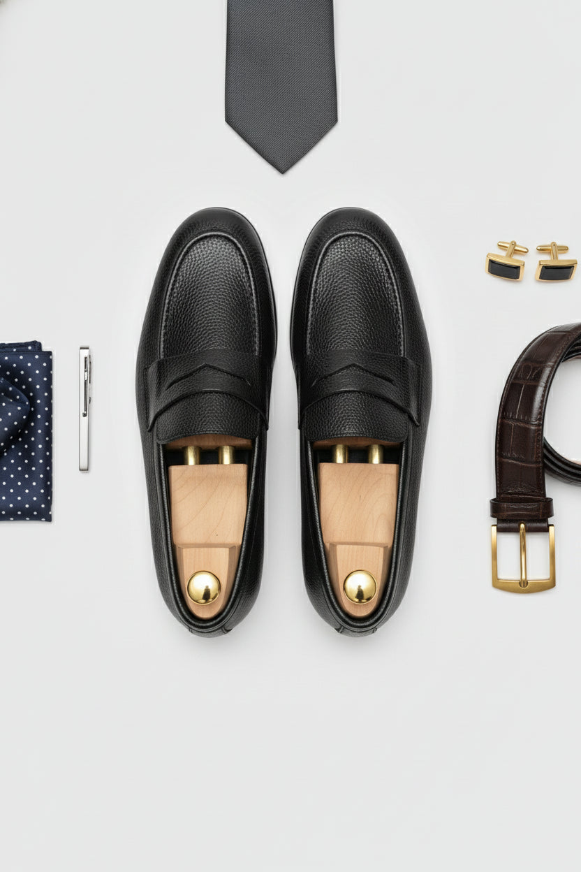 Black textured leather slip-on loafer with elegant design and comfortable fit.