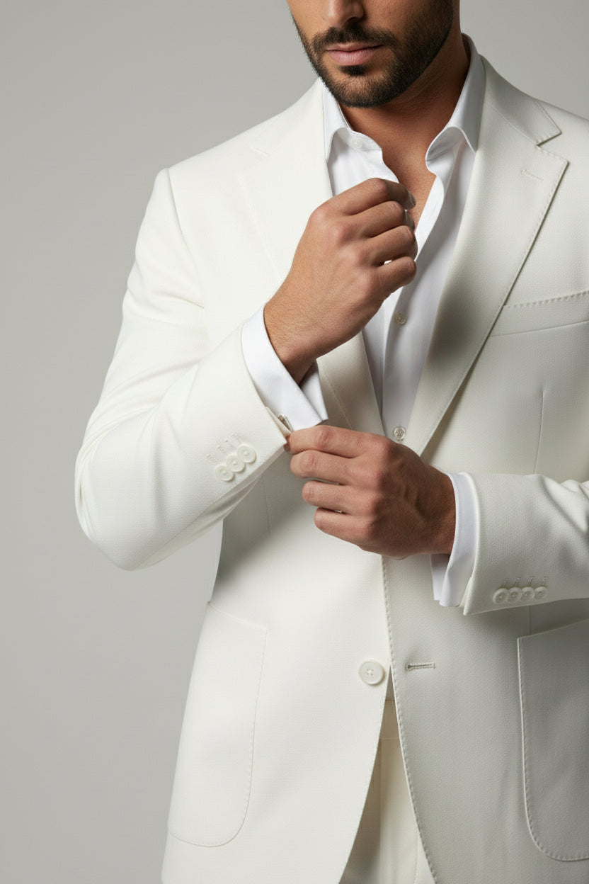 Man adjusting cuff of white two-piece performance suit with peak lapels.