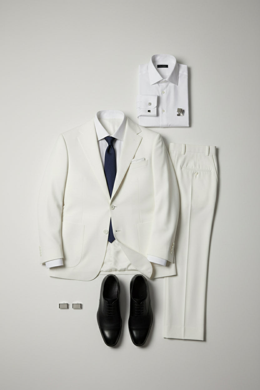 White two-piece performance suit with peak lapel, tailored fit, and elegant black shoes.