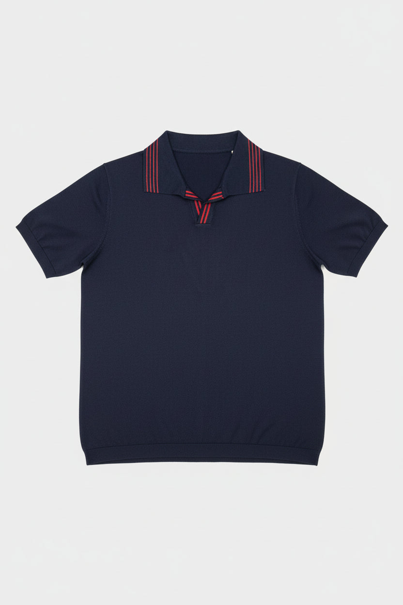 Navy knit polo shirt with red striped collar and short sleeves, perfect for casual weekends.