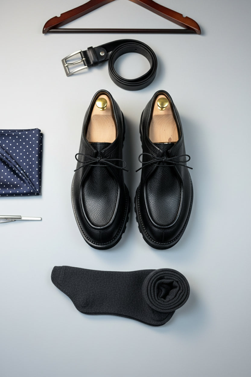 Black leather lace-up shoes with rubber sole, perfect for smart-casual weekend wear.