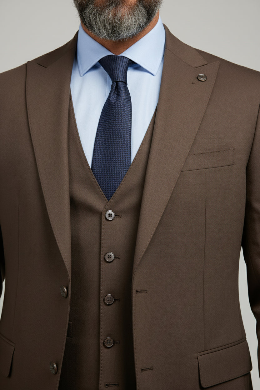 Brown three-piece suit featuring tailored fit, buttoned vest, and navy tie.