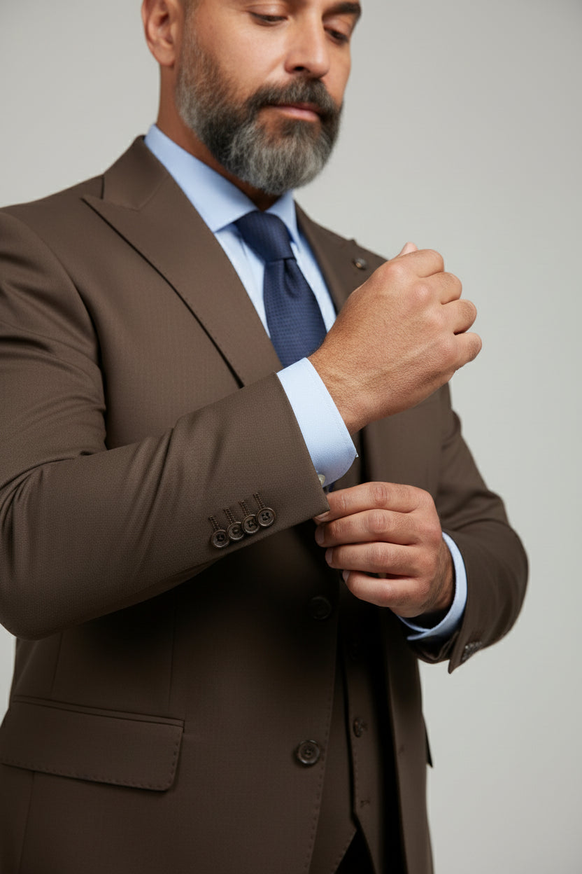 Man adjusting cuff of brown three-piece suit with tailored fit and blue shirt.