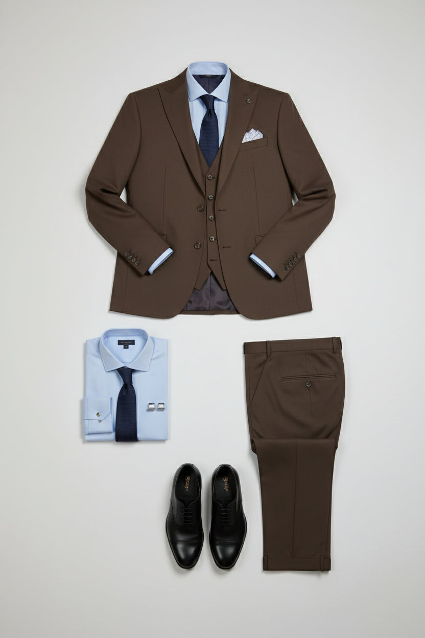 Brown three-piece suit with tailored fit, accompanied by light blue dress shirt and tie.