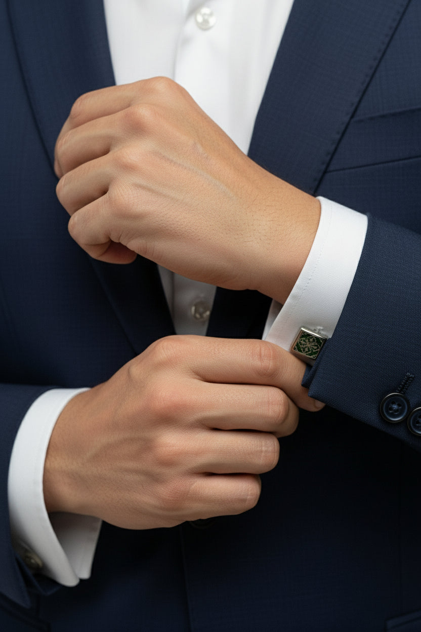 Man adjusting green enamel square cufflinks with luxury navy suit and white shirt.