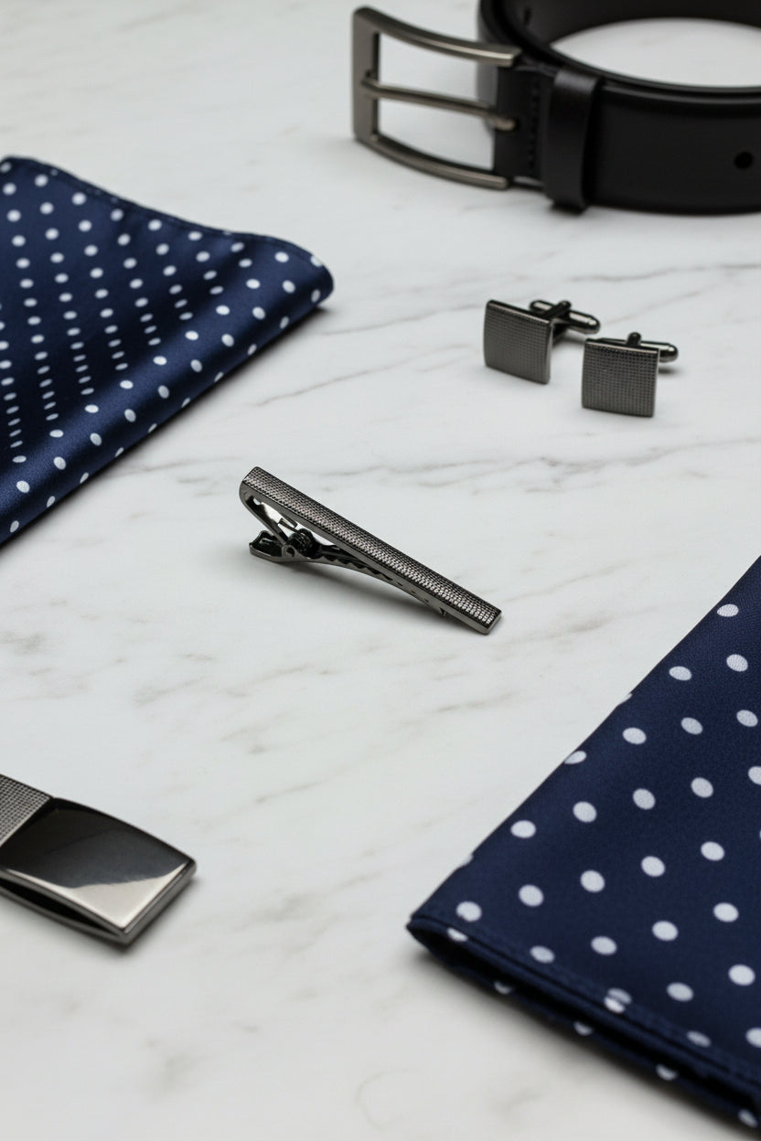 Silver textured tie clip on marble surface, paired with navy polka dot pocket square.