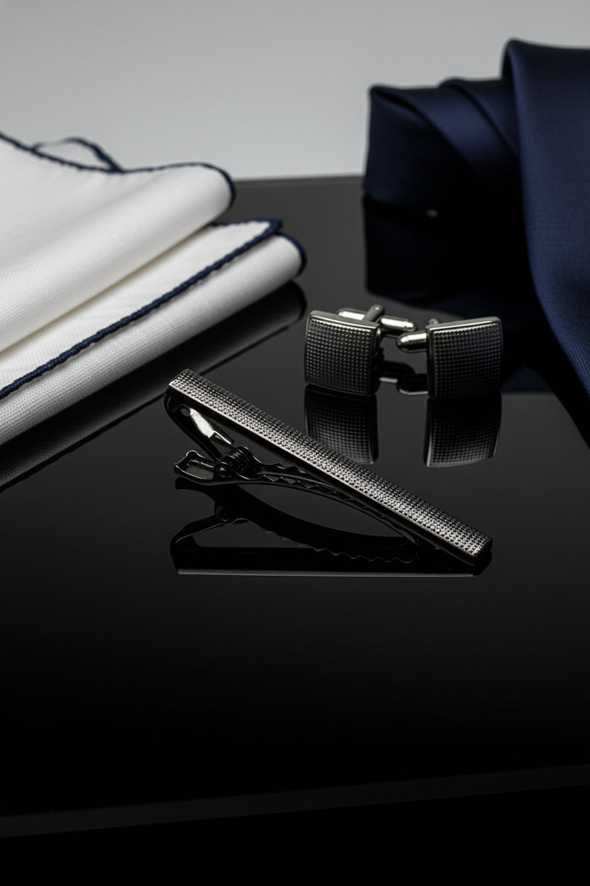Silver textured tie clip displayed on a reflective surface with matching accessories.