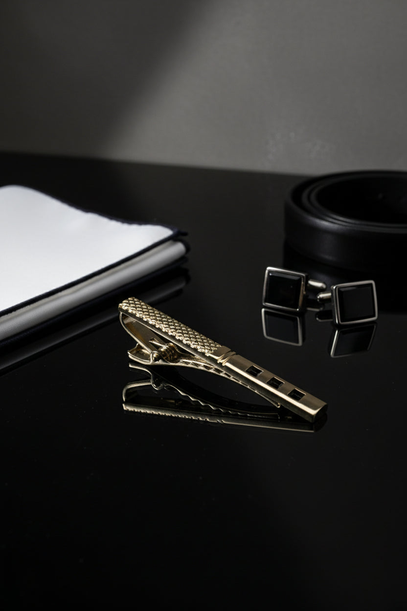 Gold textured tie clip displayed on a black surface with cufflinks and pocket square.