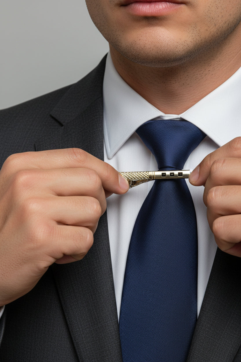 Man adjusting gold textured tie clip on navy blue tie with classic suit.