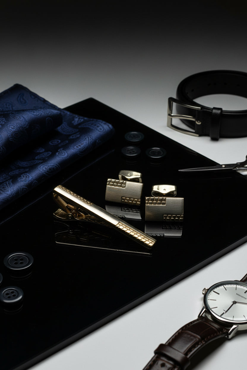 Gold tie clip and cufflinks set displayed on a black surface with accessories.
