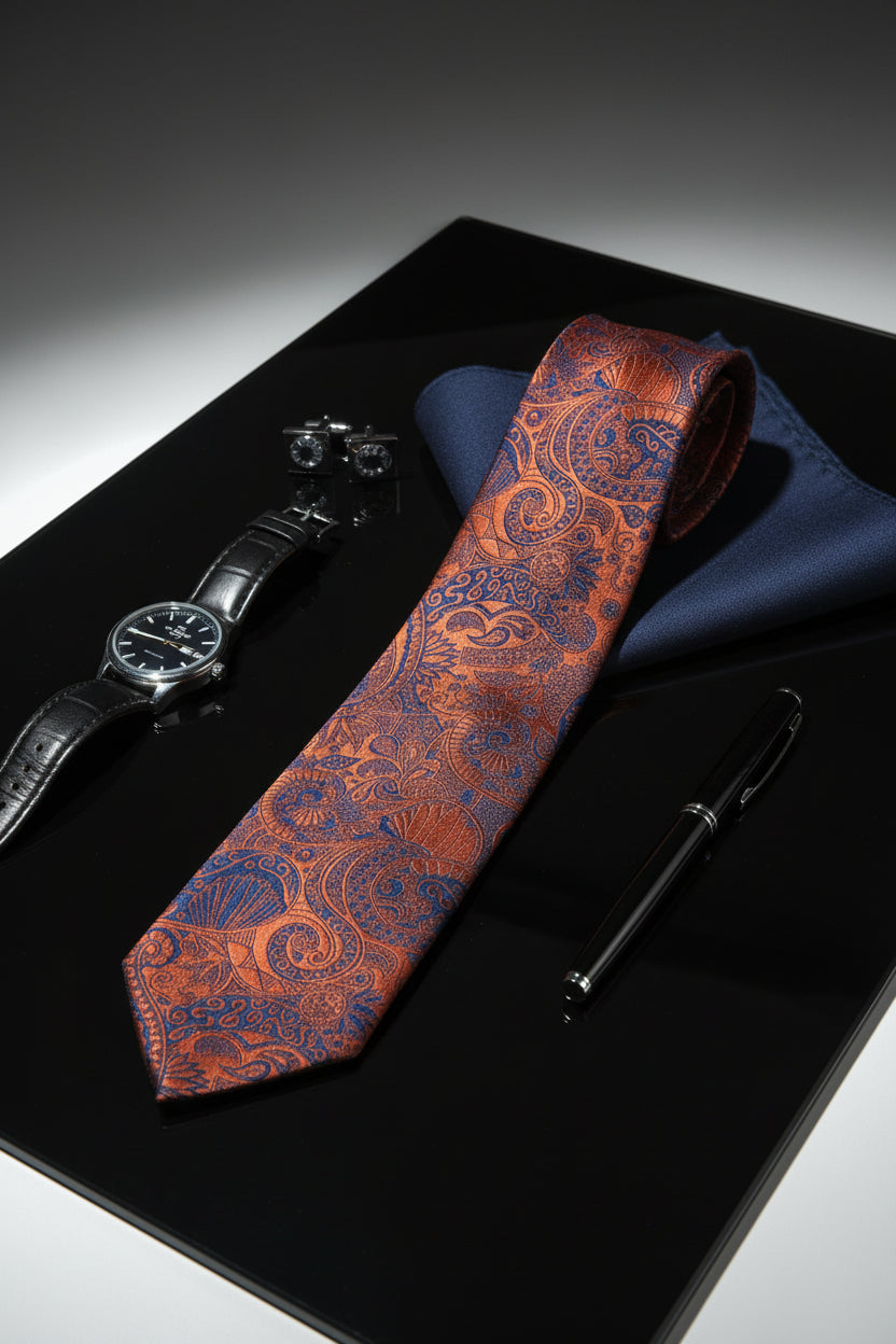 Orange paisley pattern silk tie displayed with cufflinks and a watch.