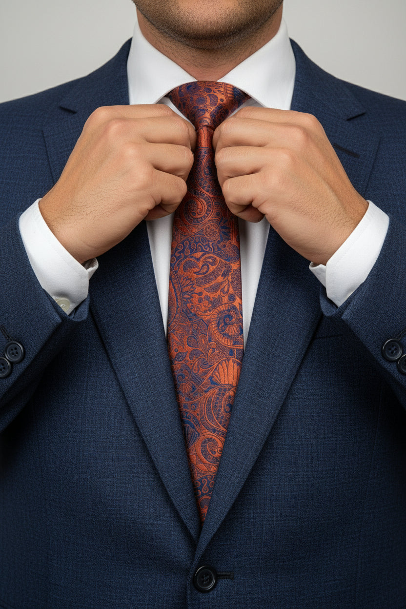 Man adjusting orange paisley pattern silk tie with standard width in formal suit.