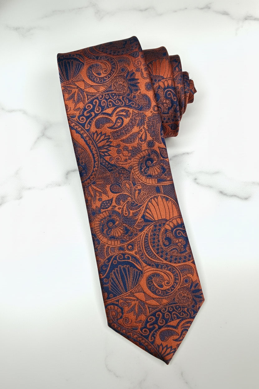 Orange paisley pattern silk tie, perfect for formal and evening events.