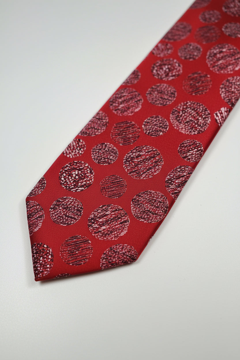 Red silk tie featuring textured polka dots, perfect for formal and business occasions.