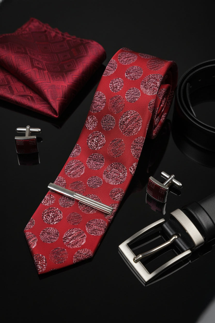 Red silk tie with textured polka dots, paired with matching pocket square and cufflinks.