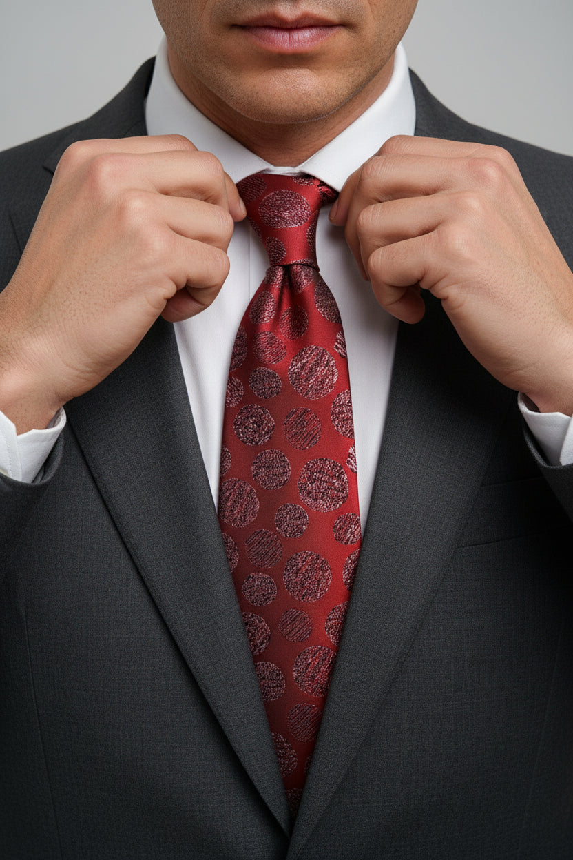 Man adjusting red silk tie with textured polka dots, perfect for formal occasions.