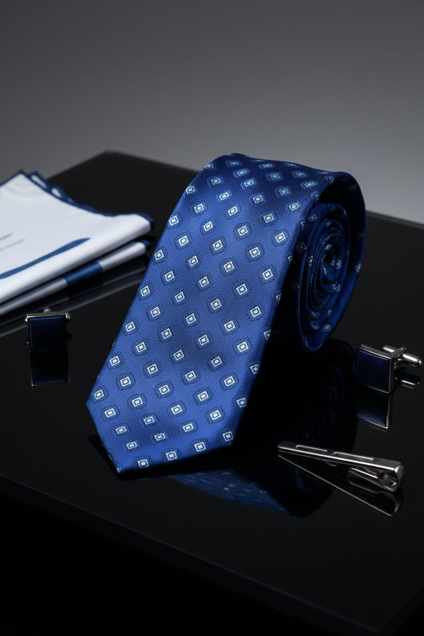 Blue silk patterned tie rolled with matching cufflinks and pocket square on black surface.