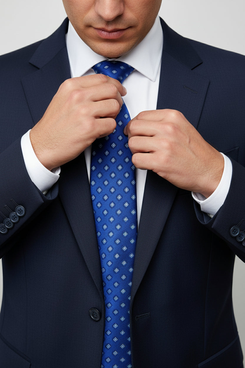 Man adjusting blue silk patterned tie with diamond designs, wearing navy suit.