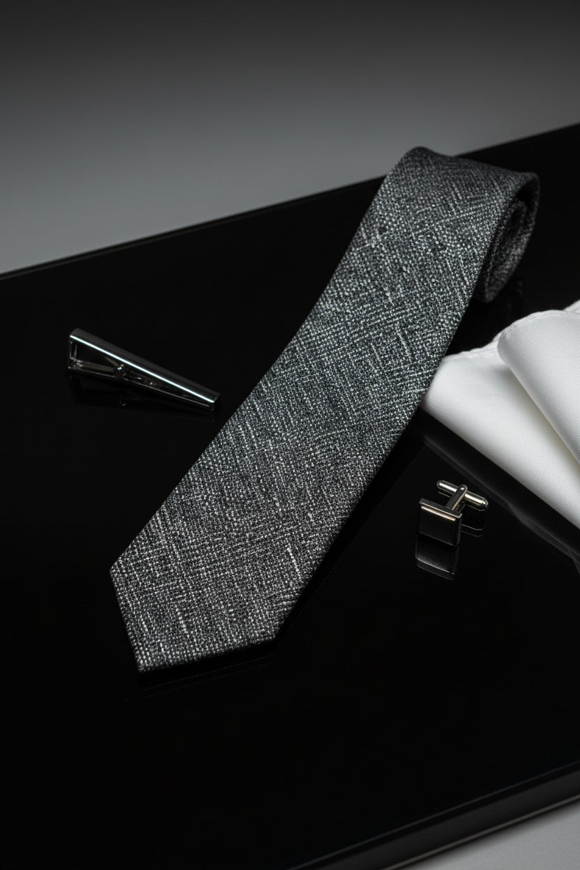 Navy textured silk tie displayed with silver cufflinks and tie clip on black surface